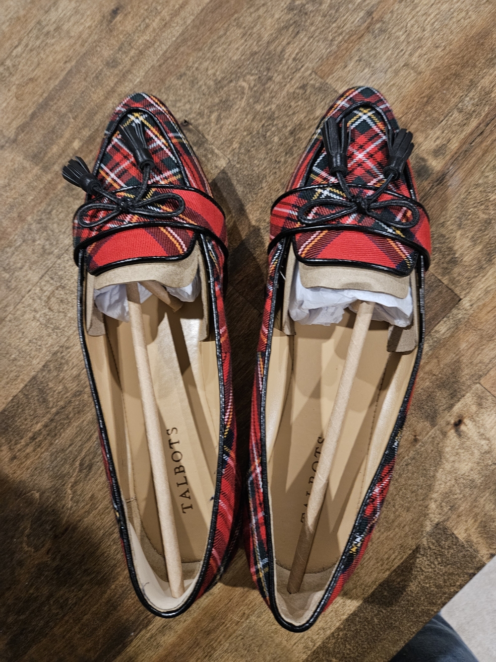 Talbots Red Plaid Pointed Toe Loafers with Black Trim